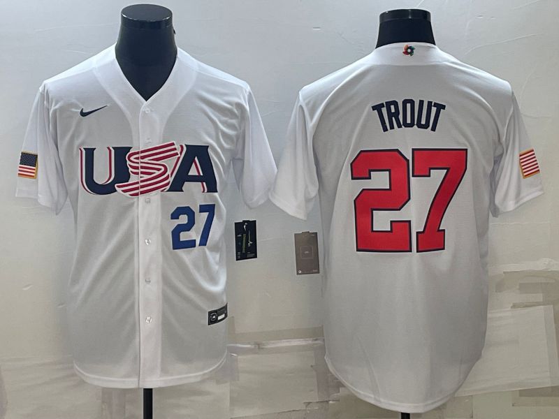 Men 2023 World Cub USA #27 Trout White Nike MLB Jersey1